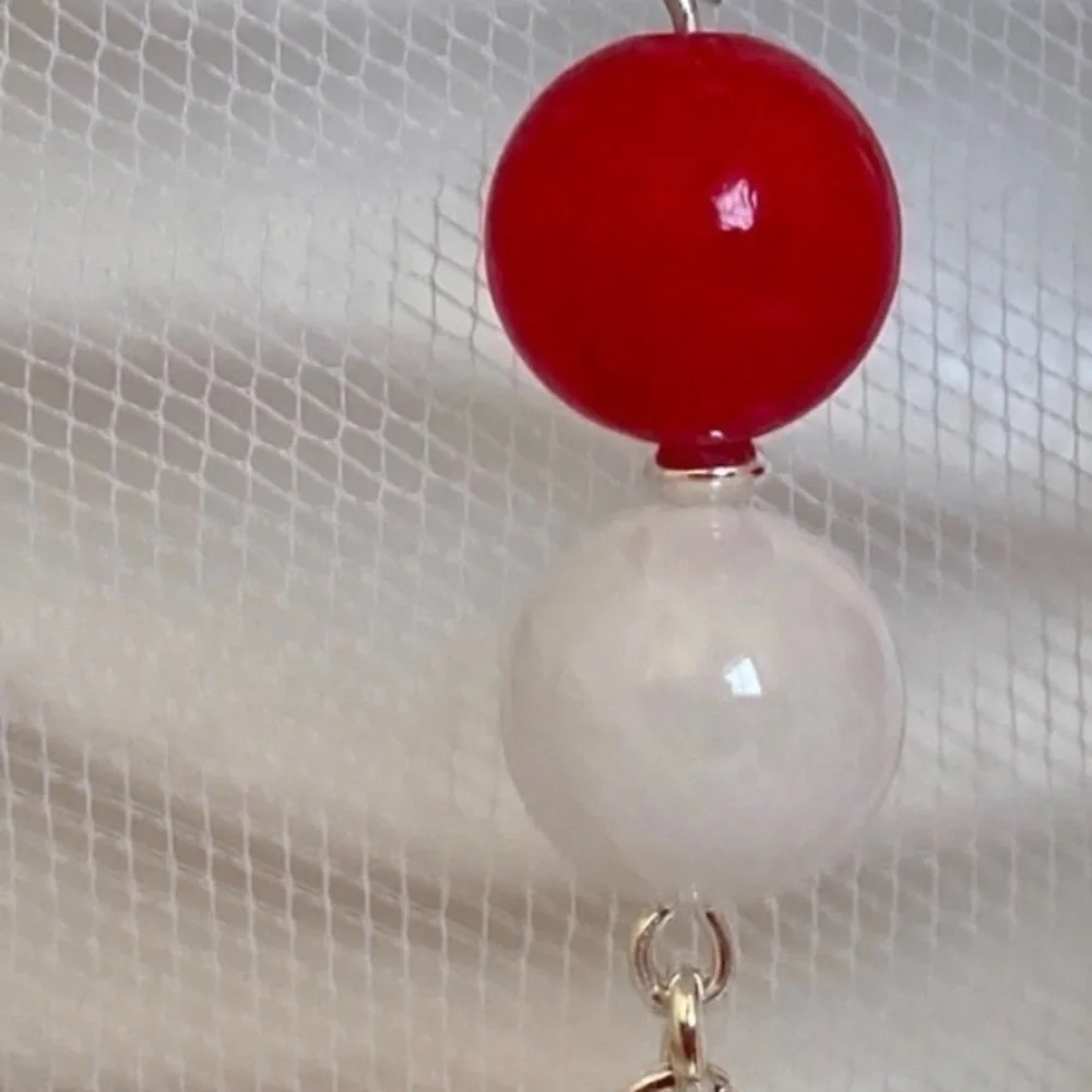 𝅺DANGLE Earrings Pink Jade and Milky White Jade Beads Lotus Flower Charms